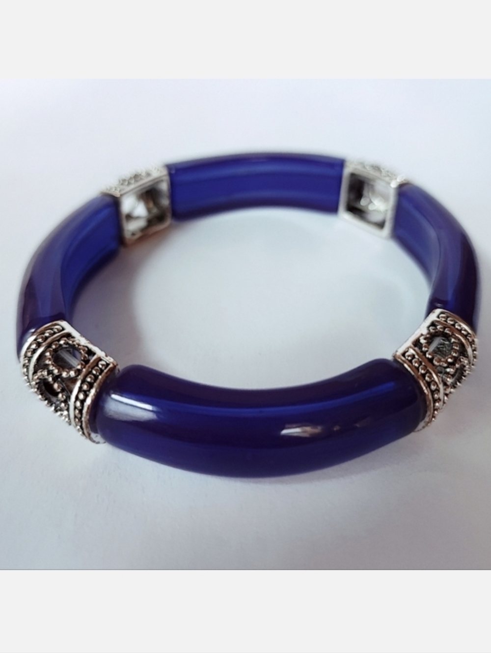Navy Blue Lucite Curved Stretch Bracelet Vintage Silver Metal Beads NEW